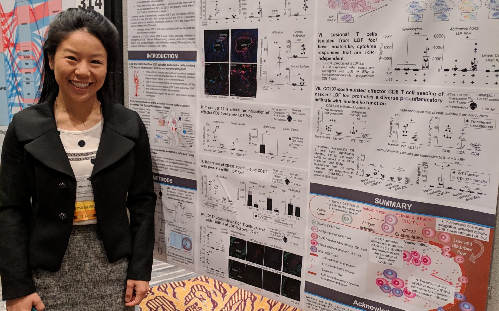 Maria Xu standing in professional attire next to her poster